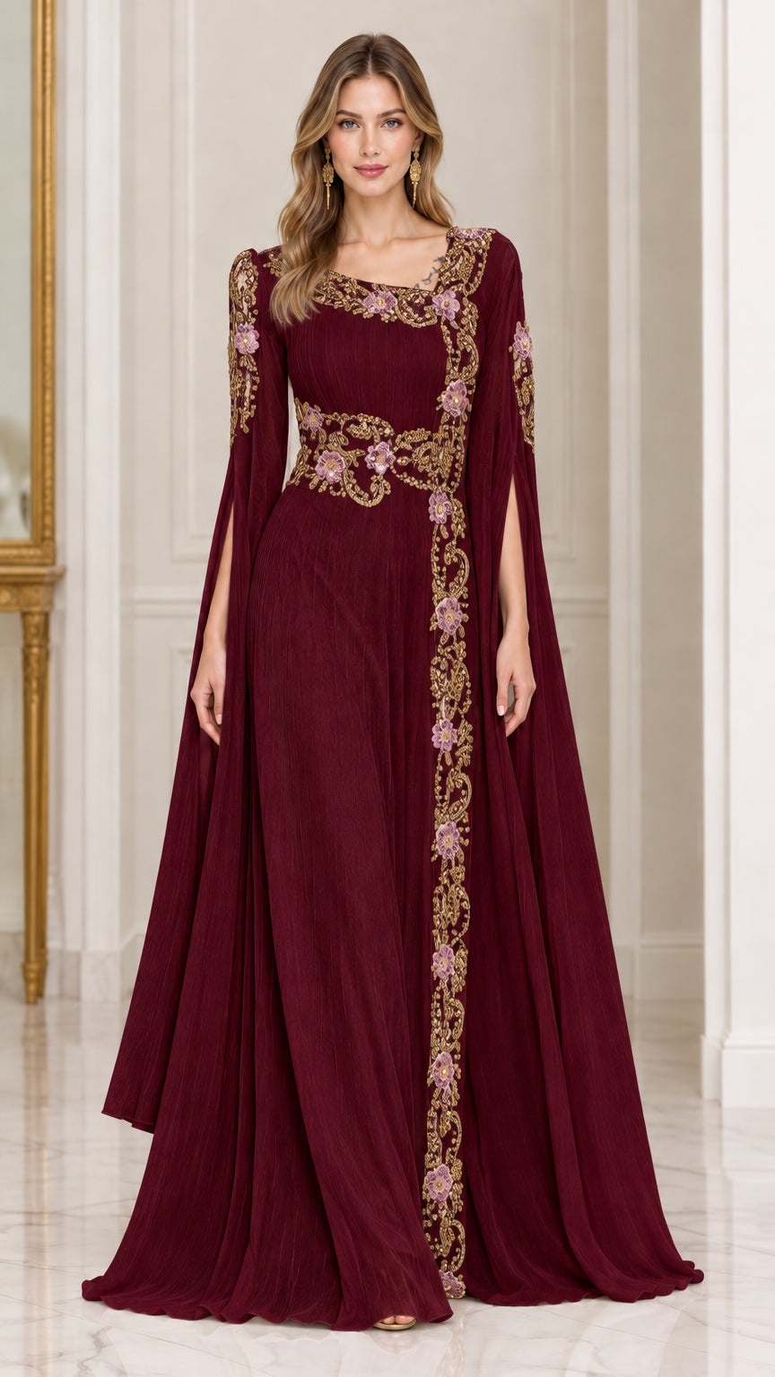 Front view of burgundy wine embroidered formal evening gown with cape sleeves