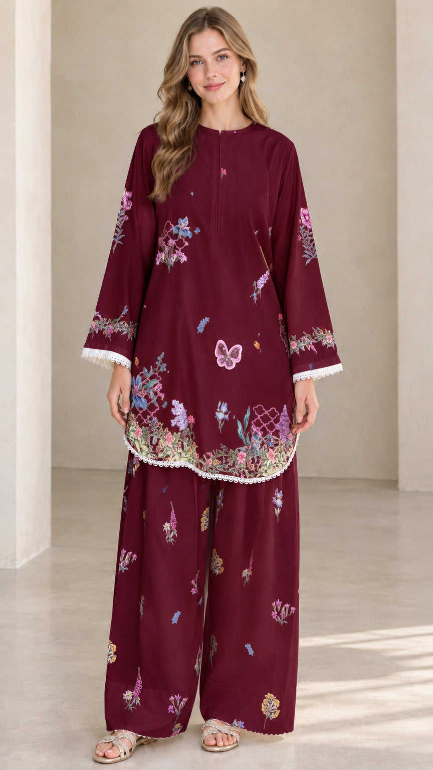 Front view of model wearing Burgundy floral tunic and matching burgundy wide leg pants set