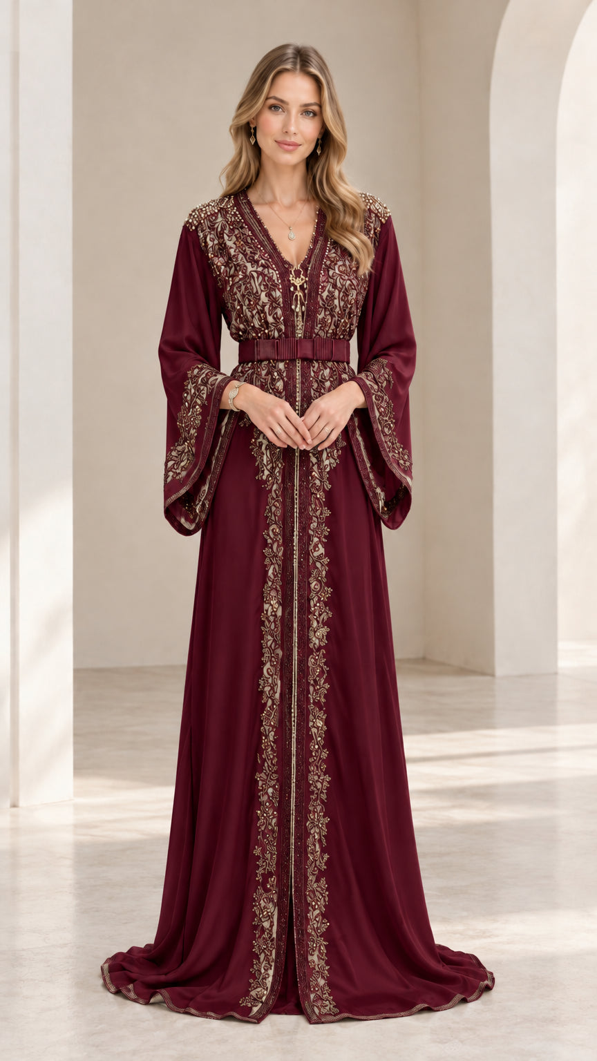 Front view of rich burgundy wine embroidered formal kaftan maxi dress