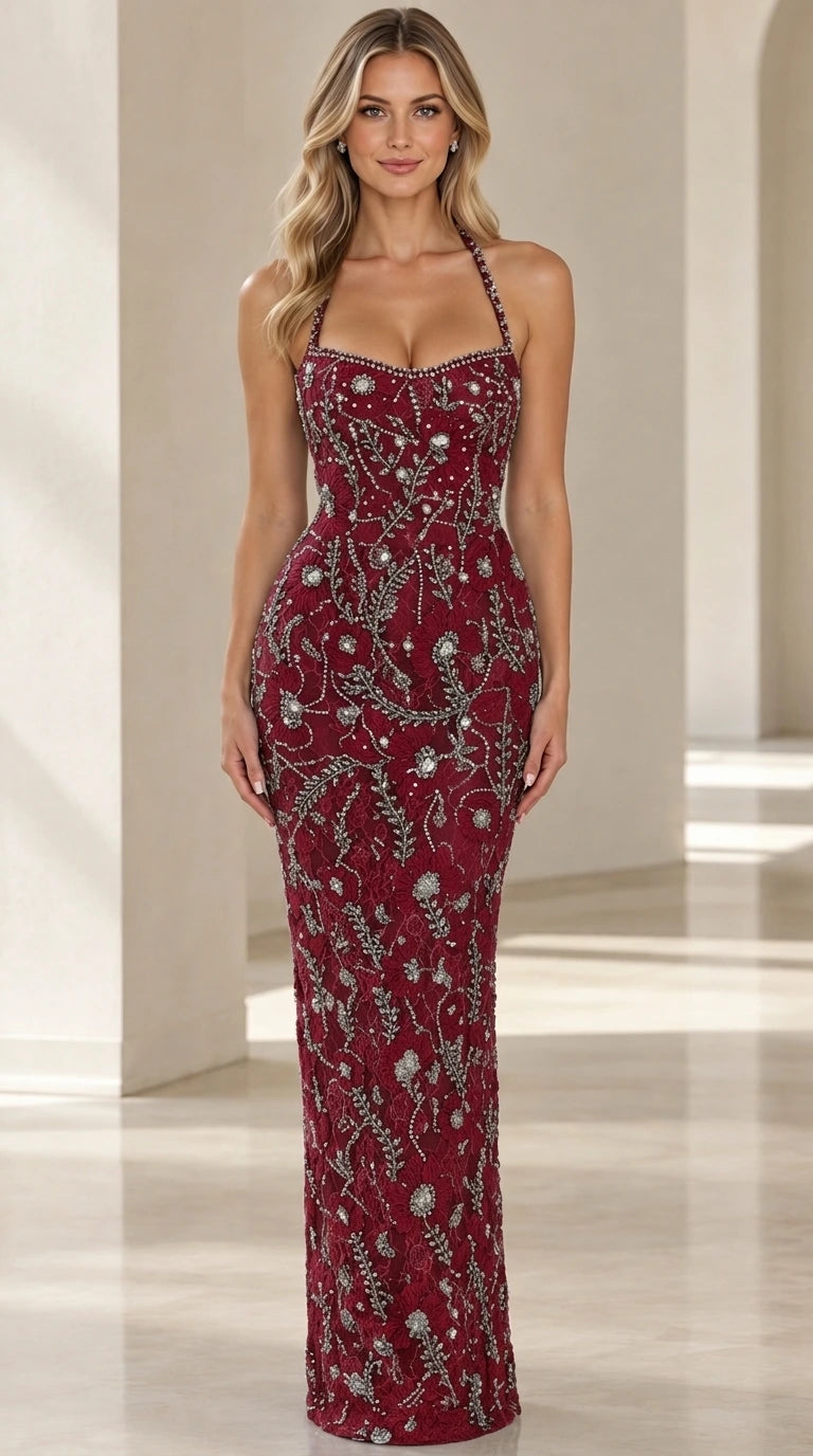 Front view of woman wearing Burgundy embroidered crystal halter maxi dress