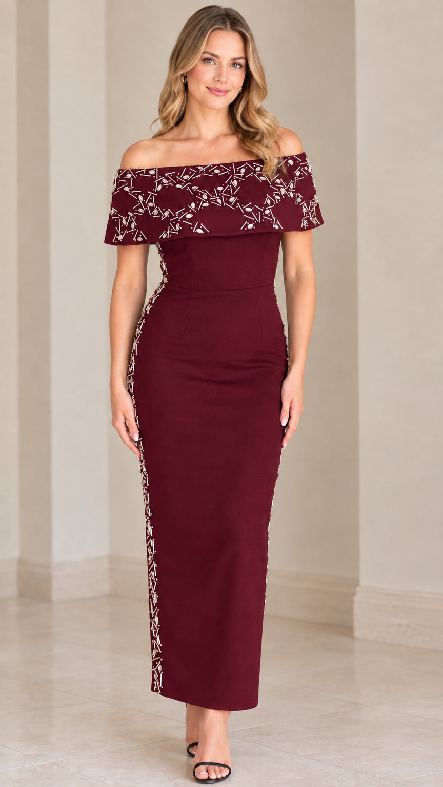 Burgundy wine off-the-shoulder beaded column maxi evening dress