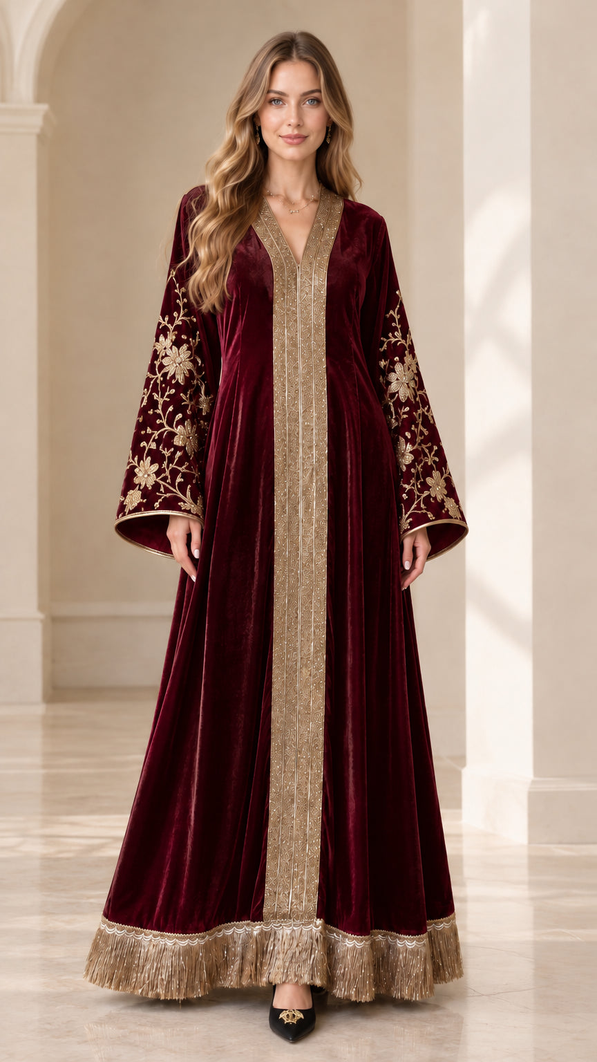 Front view of burgundy red velvet embroidered kaftan dress