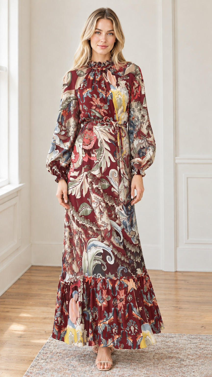 Full-length front view of floral belted tiered maxi dress in burgundy multi