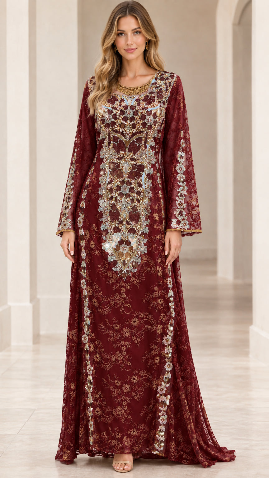 Front view of Burgundy sequin embroidered lace long dress