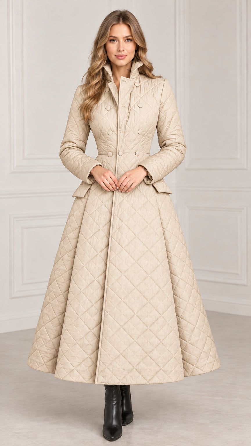 Model wearing beige cream diamond quilted fit-and-flare maxi coat