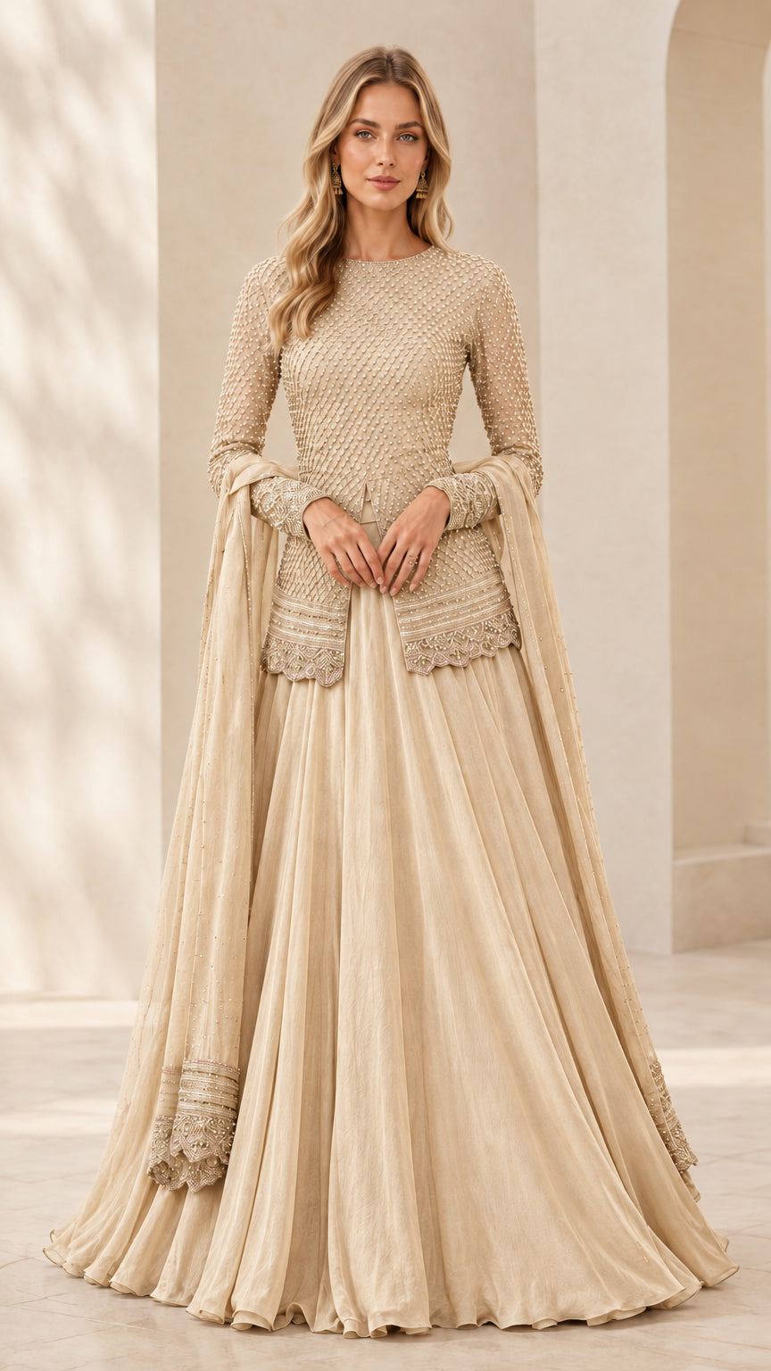 Front full view of champagne beige embellished long sleeve peplum top and pleated maxi skirt set