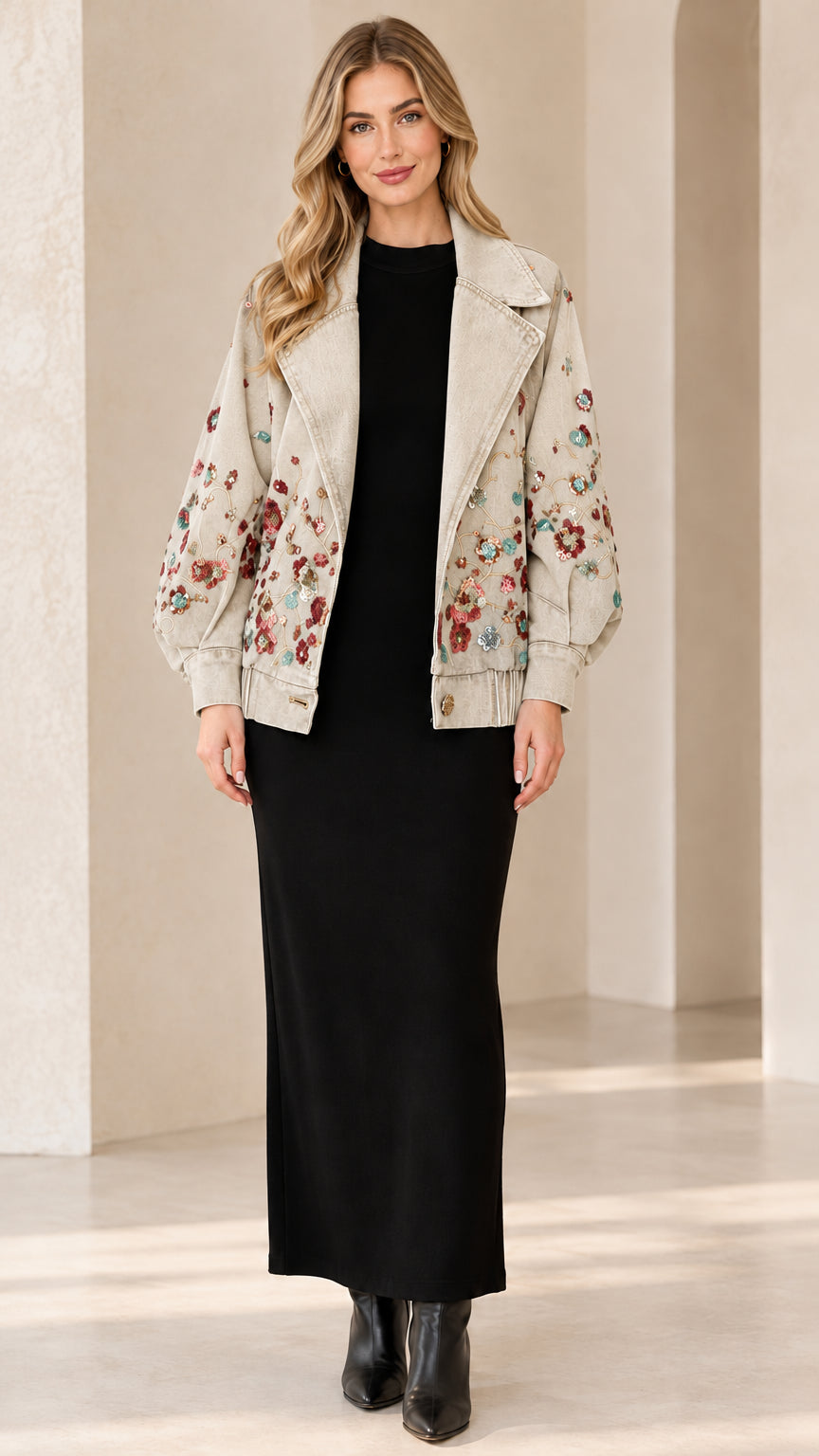 Front view of model wearing Cream floral embroidered denim jacket