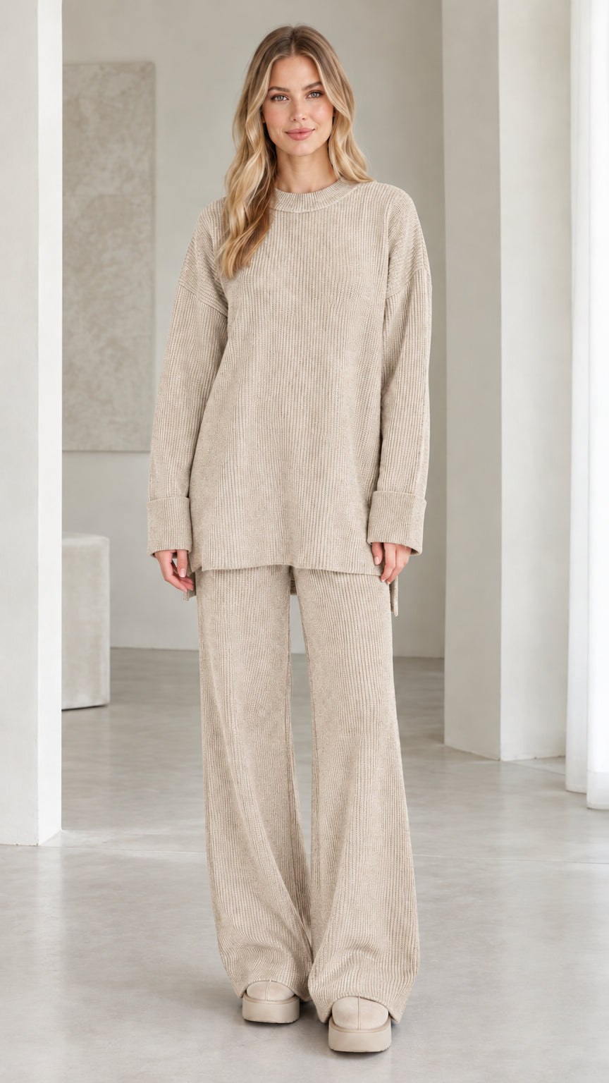 Model wearing beige ribbed knit two-piece lounge set