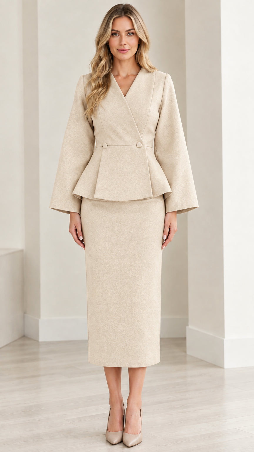 Model wearing beige cream peplum jacket and midi pencil skirt two-piece set