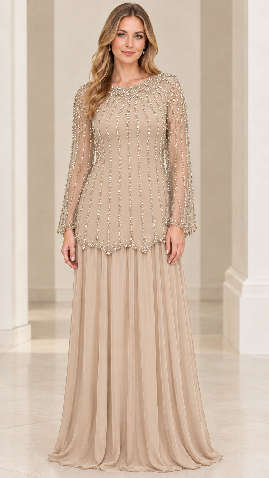 Front view of woman wearing Champagne beige beaded long sleeve evening gown