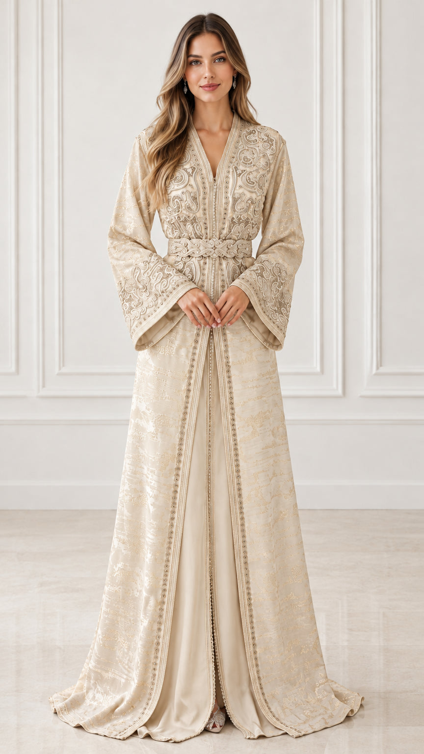 Full front view of model wearing Champagne beige embroidered modest kaftan dress