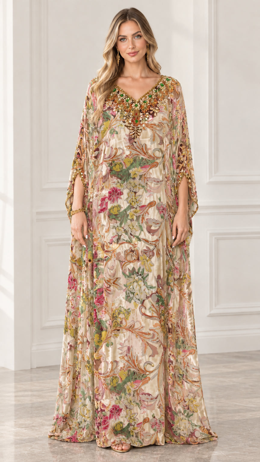 Champagne beige floral velvet embellished kaftan maxi dress