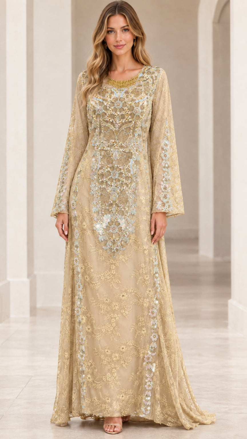 Front view of Champagne gold embellished lace formal gown