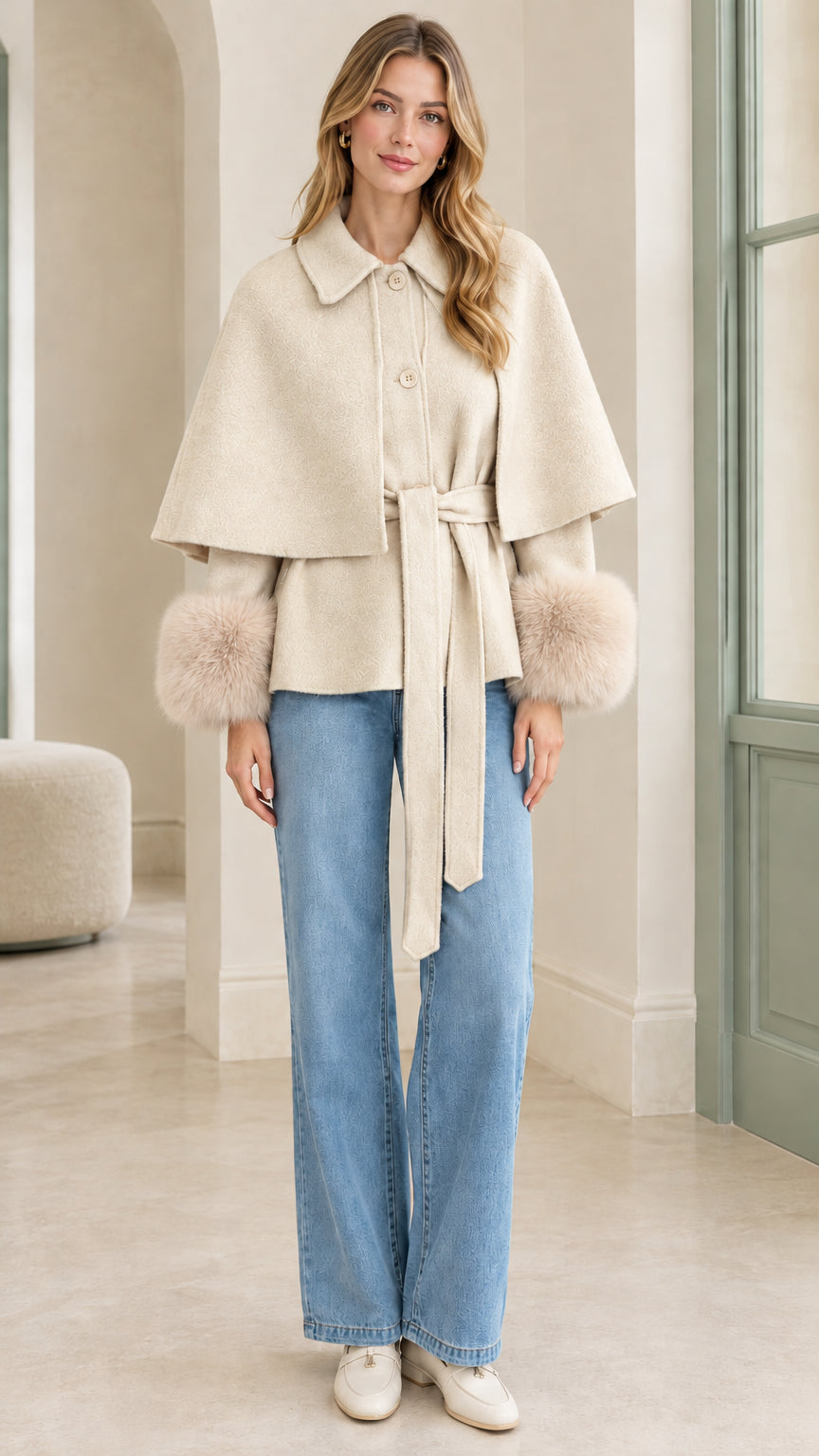 Model wearing Cream ivory belted cape jacket with tonal faux fur cuffs