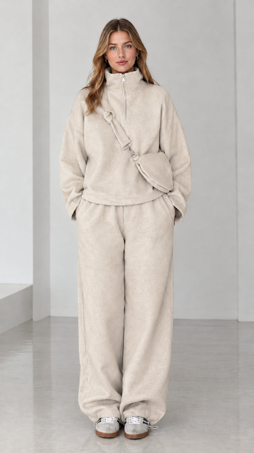 Beige oatmeal warm fleece half-zip pullover and wide-leg lounge pants set