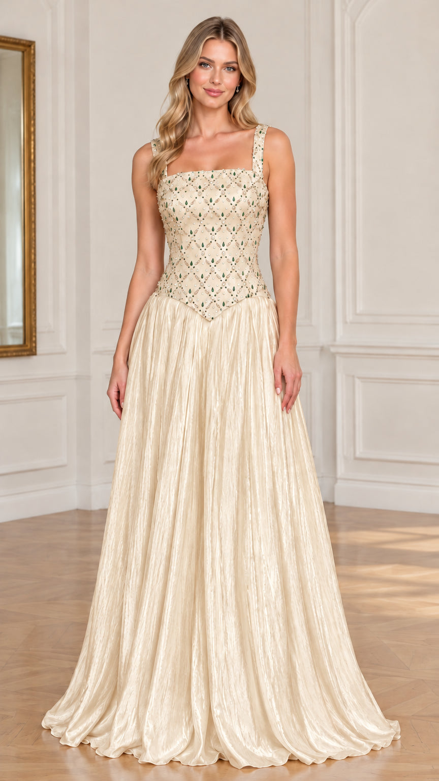 Model wearing champagne gold embellished square-neck pleated gown
