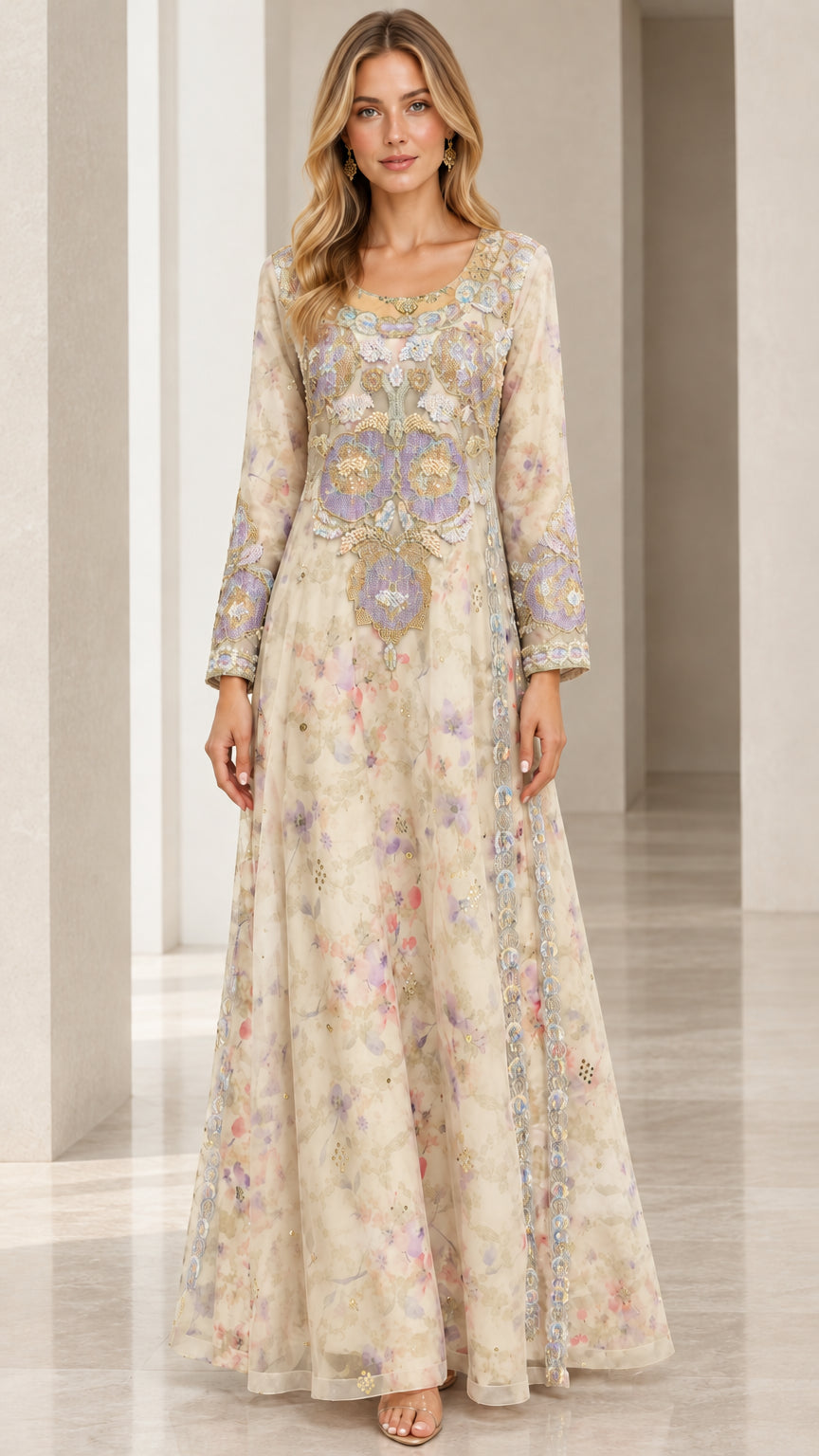 Full front view of champagne cream floral embroidered long sleeve maxi dress
