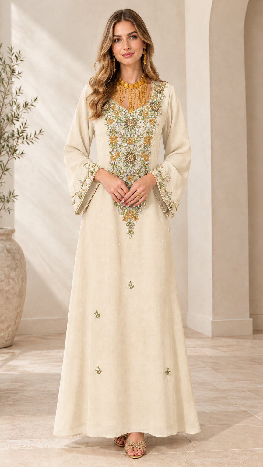 Front full view of woman wearing Cream embellished long sleeve maxi dress