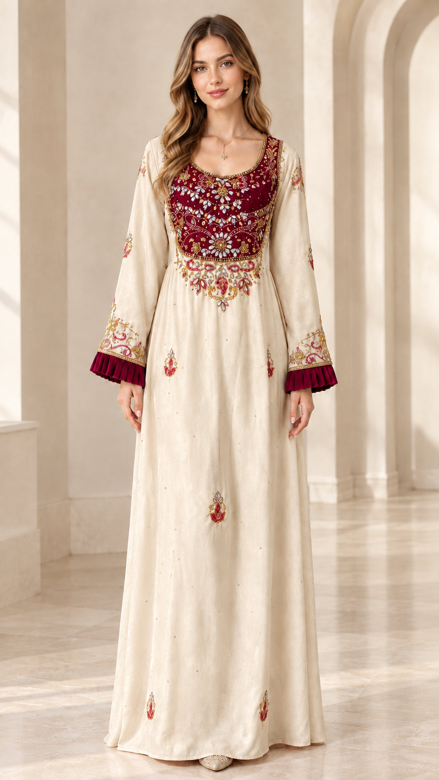 Full front view of model wearing Champagne cream embroidered velvet yoke kaftan dress