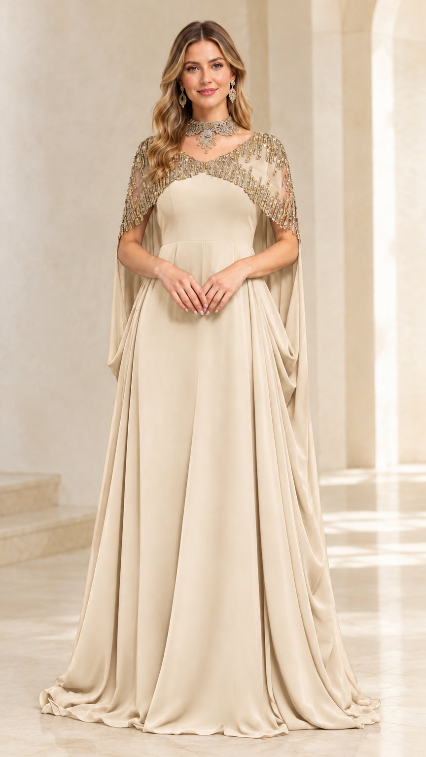 Champagne beige chiffon maxi dress with beaded cape overlay