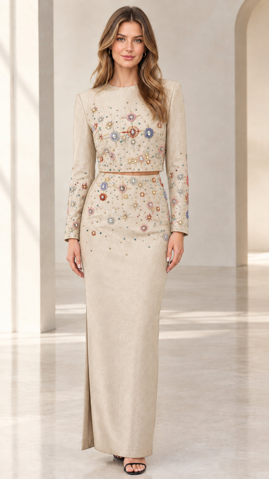 Front view of champagne beige beaded two-piece formal dress set