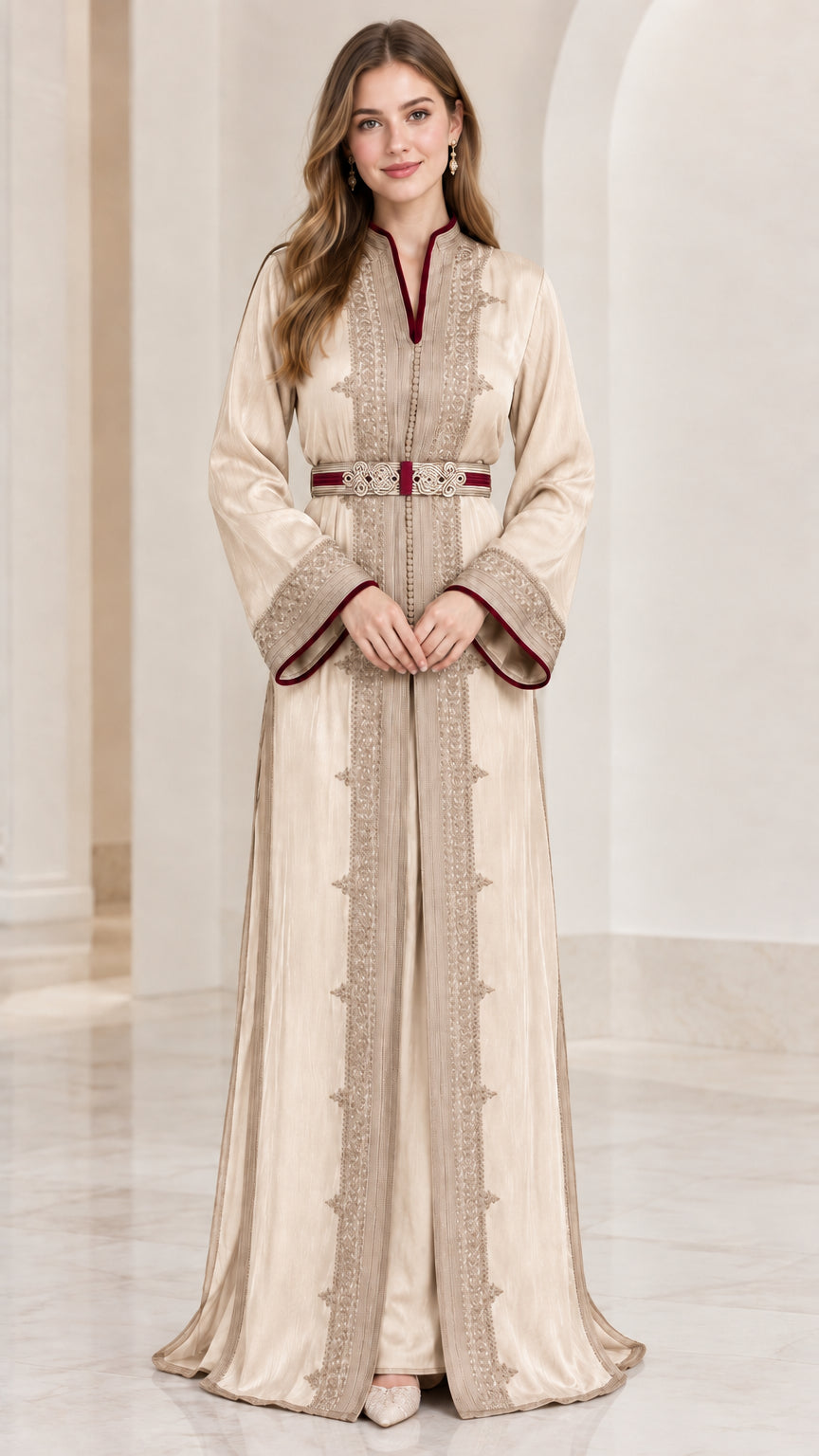 Front view of champagne beige embroidered Moroccan kaftan maxi dress with belt