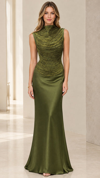 Front full view of woman wearing high-neck olive green beaded bodice satin maxi gown