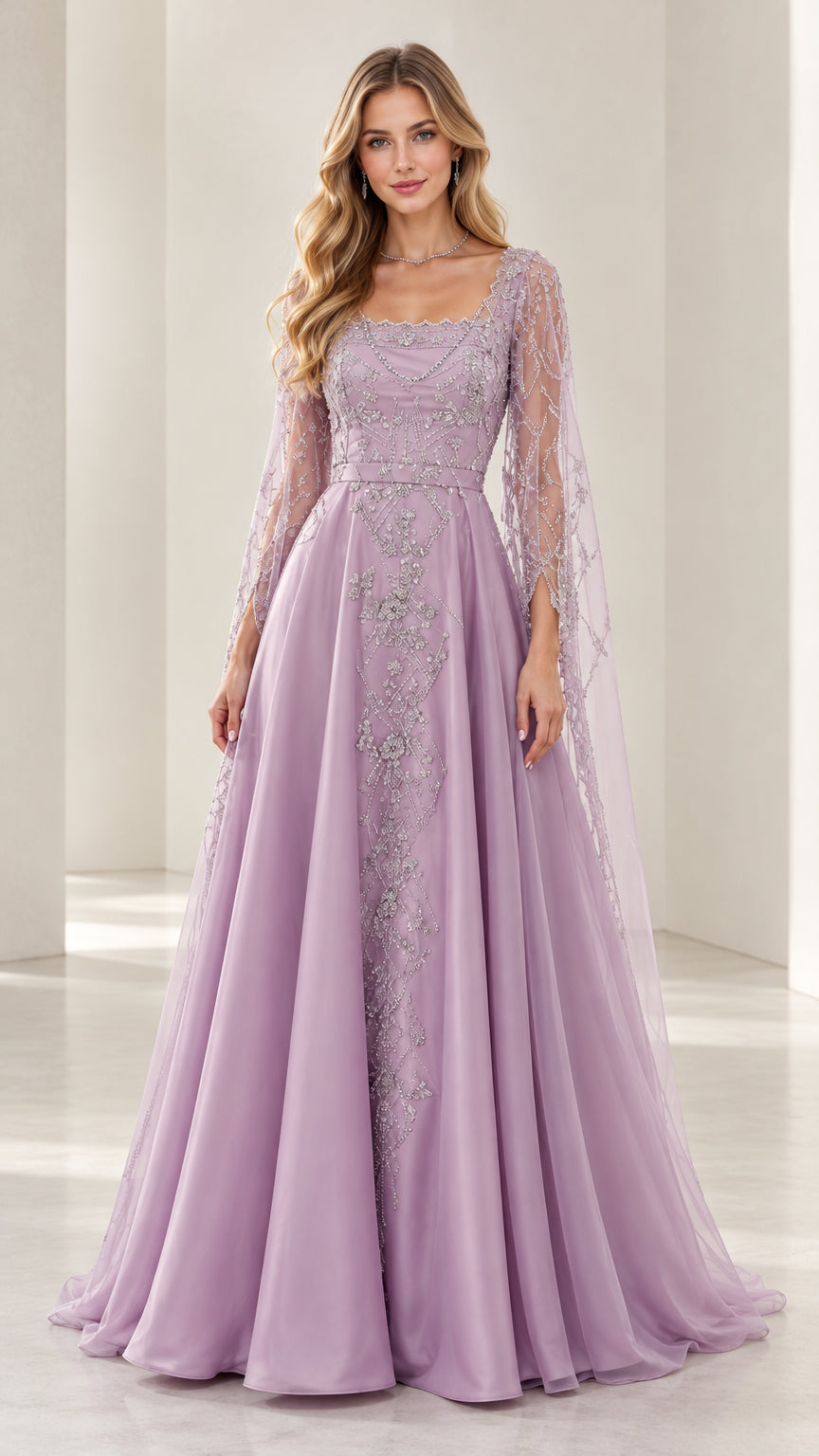 Front full view of woman wearing lavender embroidered beaded evening gown with cape sleeves