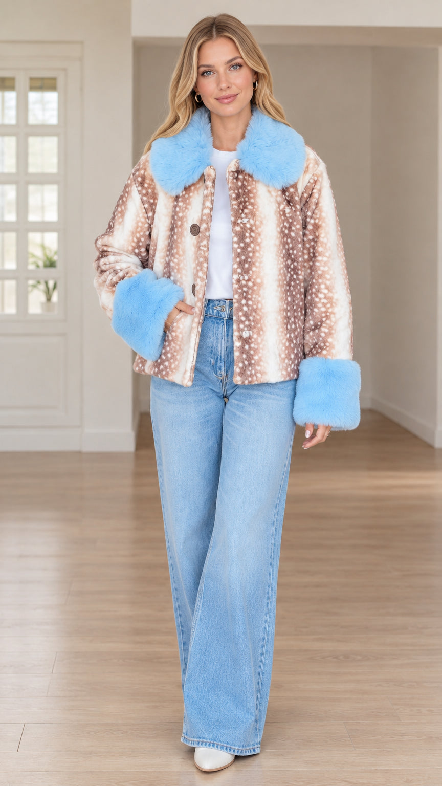 Front full view of model wearing brown deer print faux fur jacket with light blue collar and cuffs