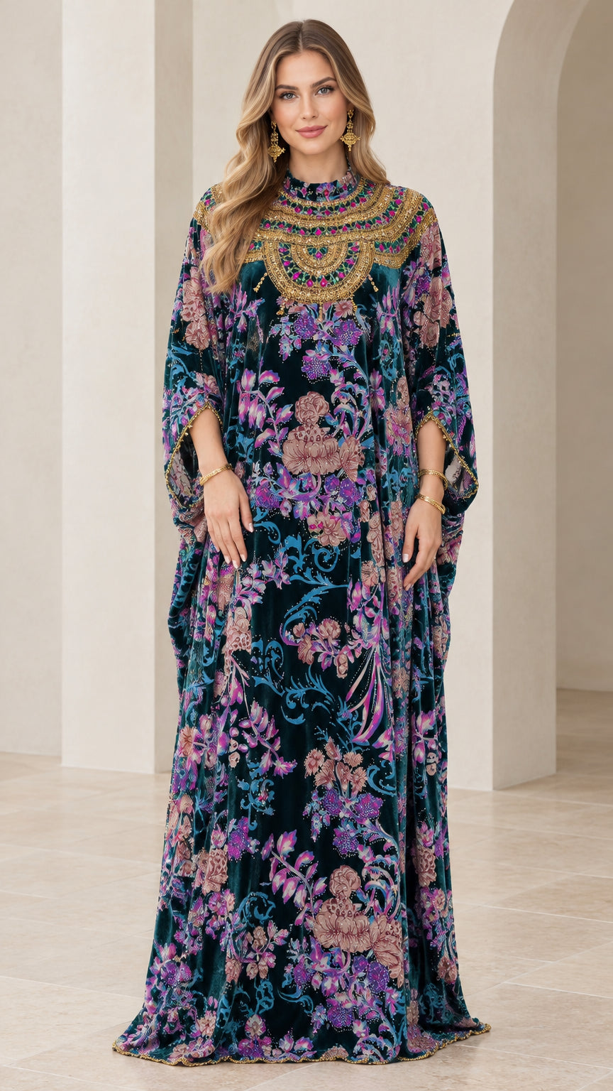 Full front view of teal floral velvet kaftan maxi dress with gold embroidered neckline