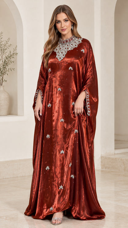 Rust red shimmering kaftan maxi dress with crystal embellished collar front view
