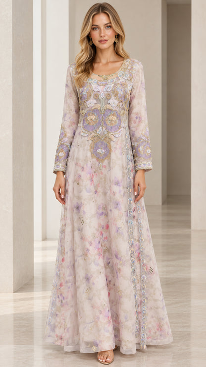 Full front view of blush lilac embroidered long sleeve maxi dress