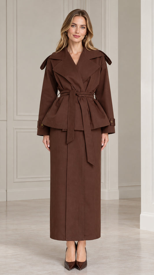 Front view of model wearing chocolate brown belted peplum jacket and maxi skirt set