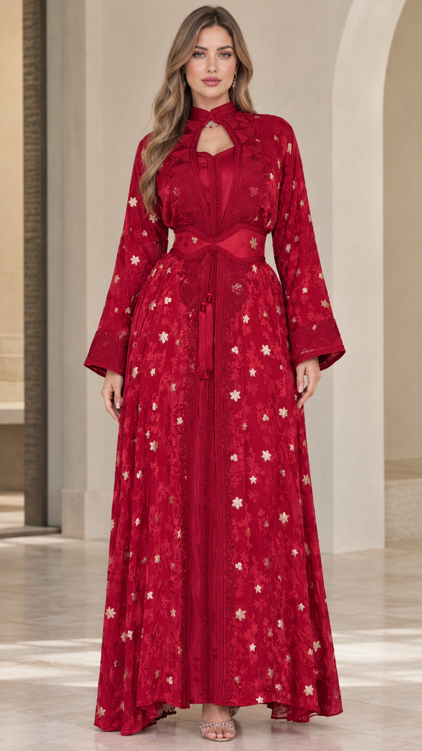 Front full-length view of model wearing Ruby Red embroidered maxi dress with flared sleeves