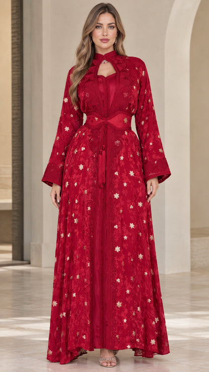 Front full-length view of model wearing Ruby Red embroidered maxi dress with flared sleeves