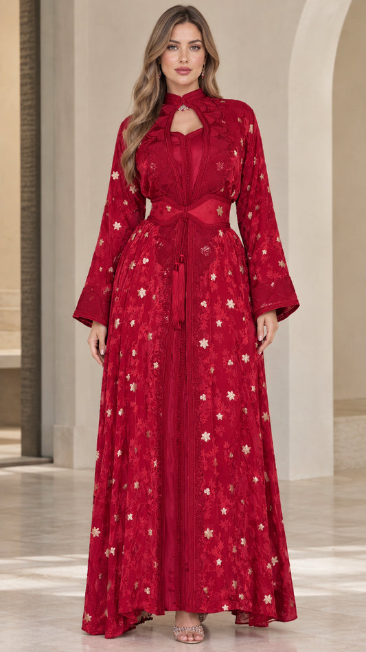 Front full-length view of model wearing Ruby Red embroidered maxi dress with flared sleeves