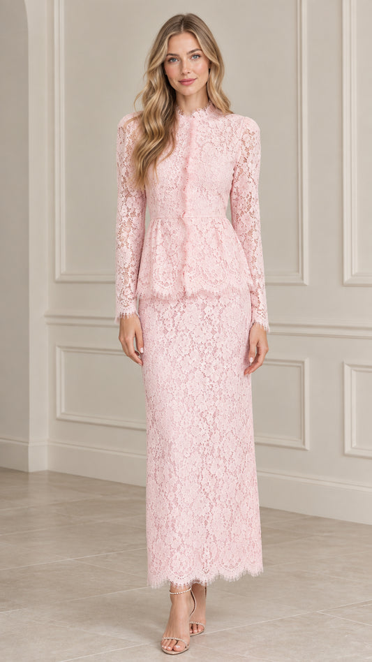Front view of model wearing Blush Pink floral lace peplum long sleeve maxi dress