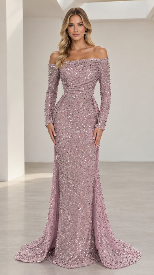 Front view of woman wearing dusty mauve off-the-shoulder long sleeve sequin mermaid gown