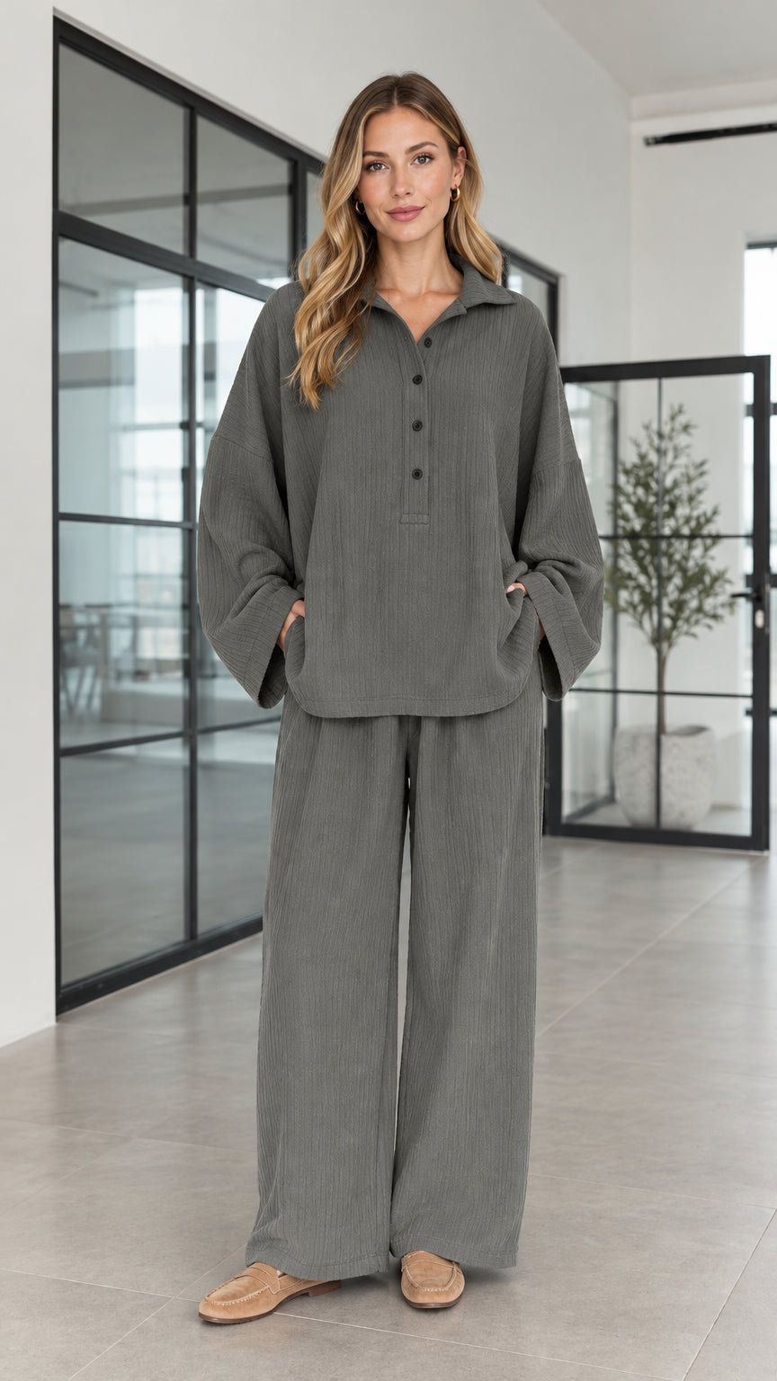Women's charcoal grey textured henley top and wide-leg pants two-piece set front view