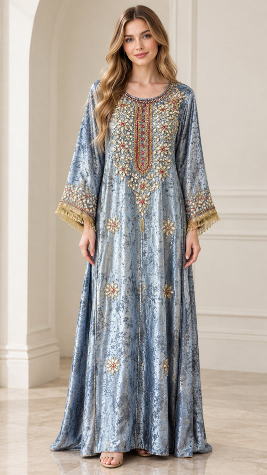 Front view of model wearing dusty blue crushed velvet embroidered kaftan maxi dress