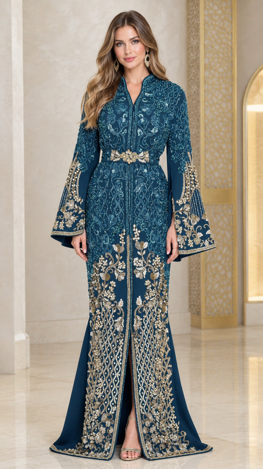 Teal embroidered Moroccan caftan evening dress front view with bell sleeves and belt
