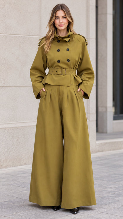 Front full-length view of woman wearing olive green cropped trench jacket and wide-leg trousers set