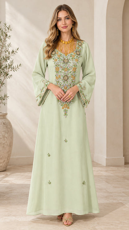 Front full view of woman wearing Mint Green embellished kaftan maxi dress