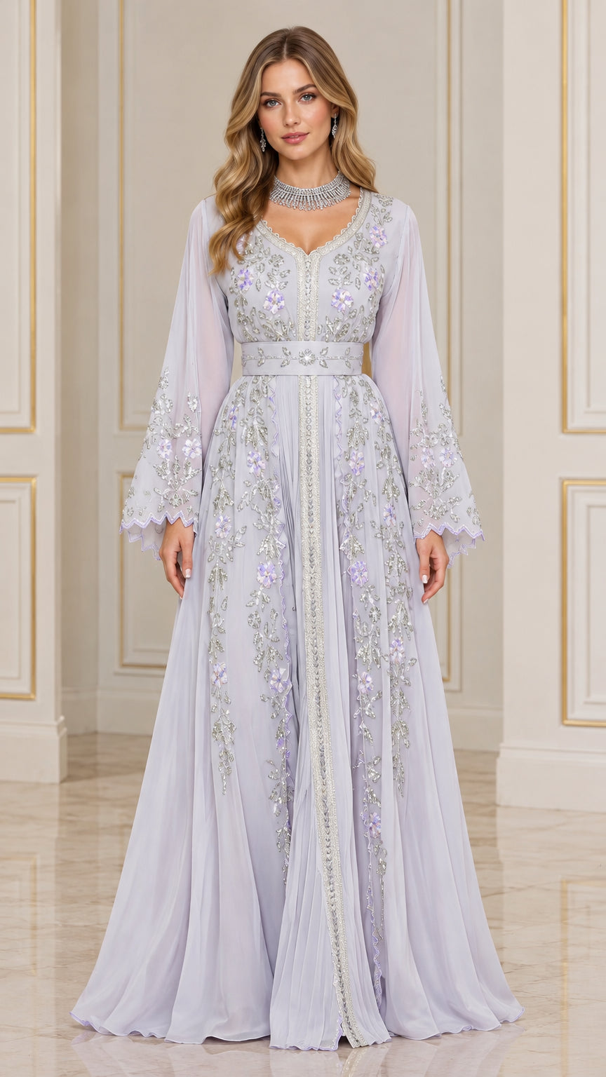Front view of model wearing lilac embroidered chiffon kaftan evening maxi dress