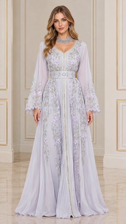 Front view of model wearing lilac embroidered chiffon kaftan evening maxi dress