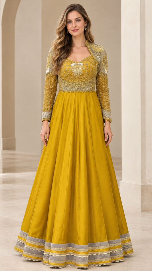 Front view of woman wearing Mustard Yellow embroidered long sleeve maxi evening gown