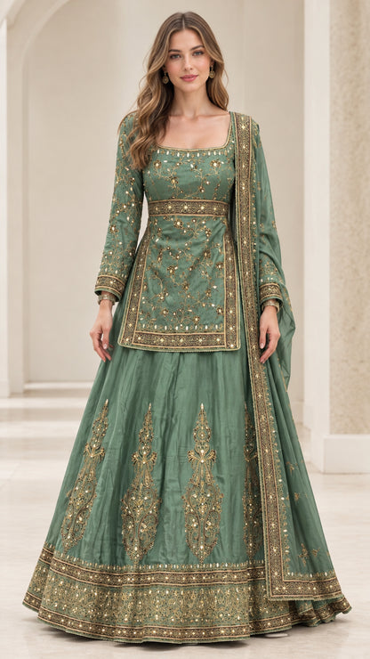 Sage green embroidered long sleeve kurti with flared lehenga skirt and dupatta