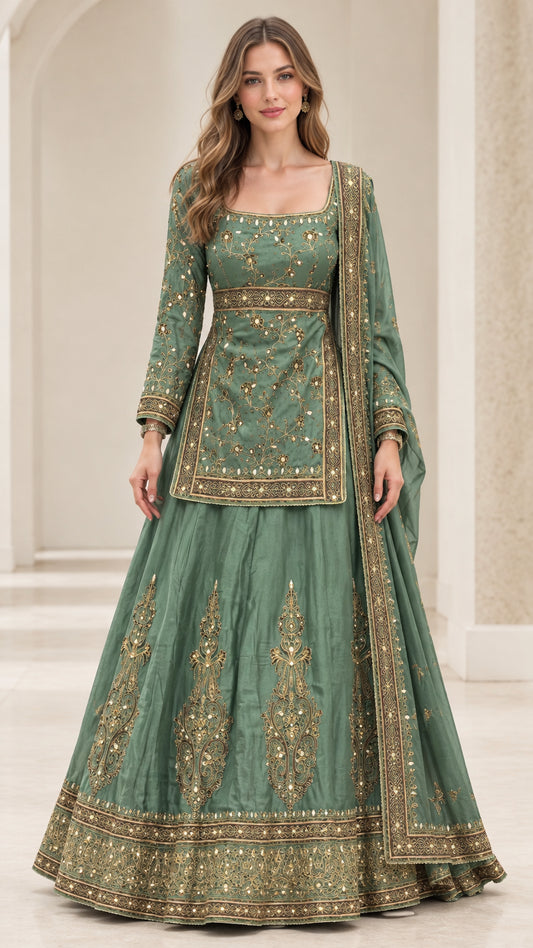 Sage green embroidered long sleeve kurti with flared lehenga skirt and dupatta