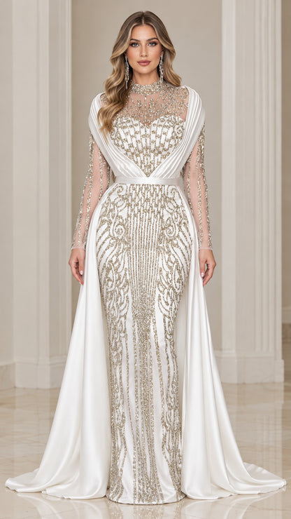 Full front view of white beaded illusion evening gown with satin side train