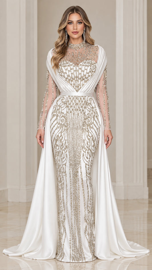Full front view of white beaded illusion evening gown with satin side train